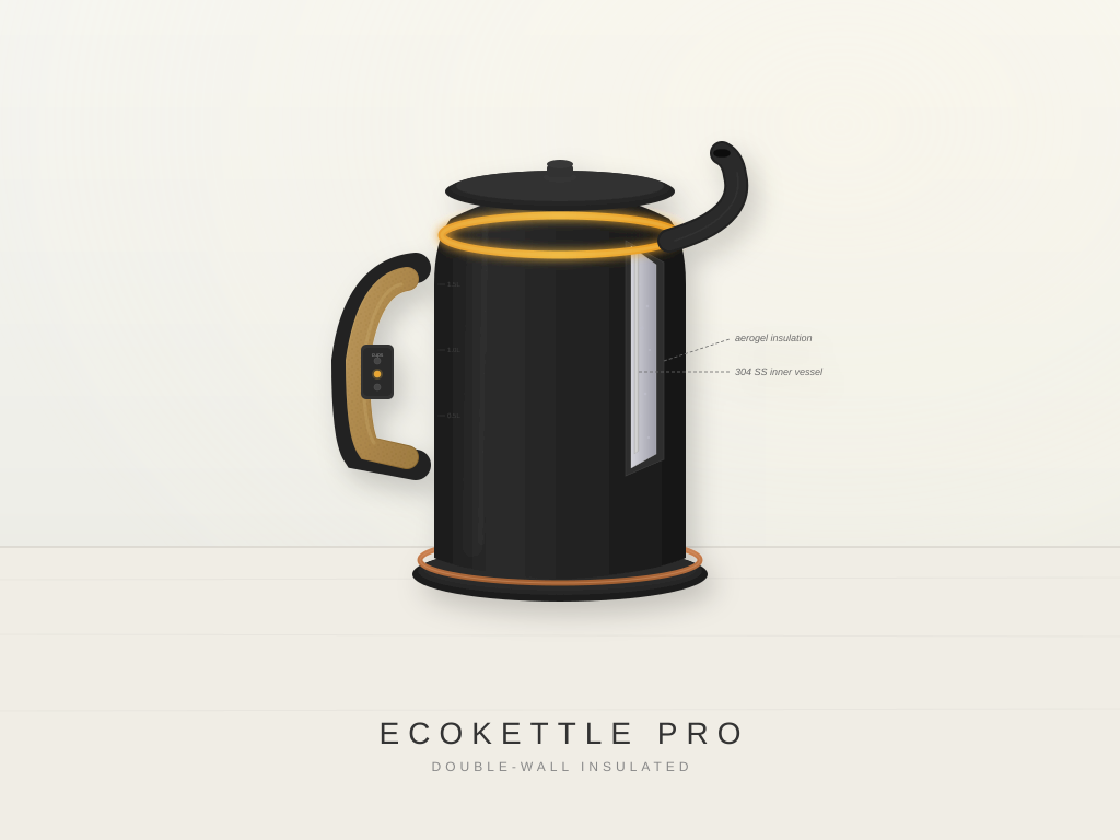 EcoKettle Pro product render showing the vacuum-insulated stainless steel kettle